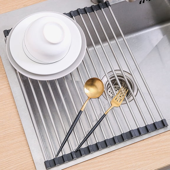 RKZDSR Foldable Stainless Steel Wire Dish Drying Rack for Sink - Rolling Drainer with Drying Mat for Kitchen Counters