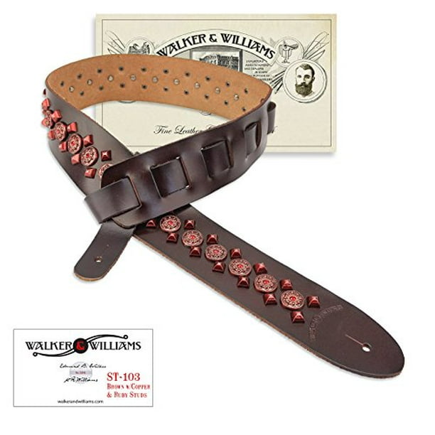 Walker & Williams ST-103 Dark Brown Top Grain Italian Leather Guitar Strap with Copper & Ruby Red Studs