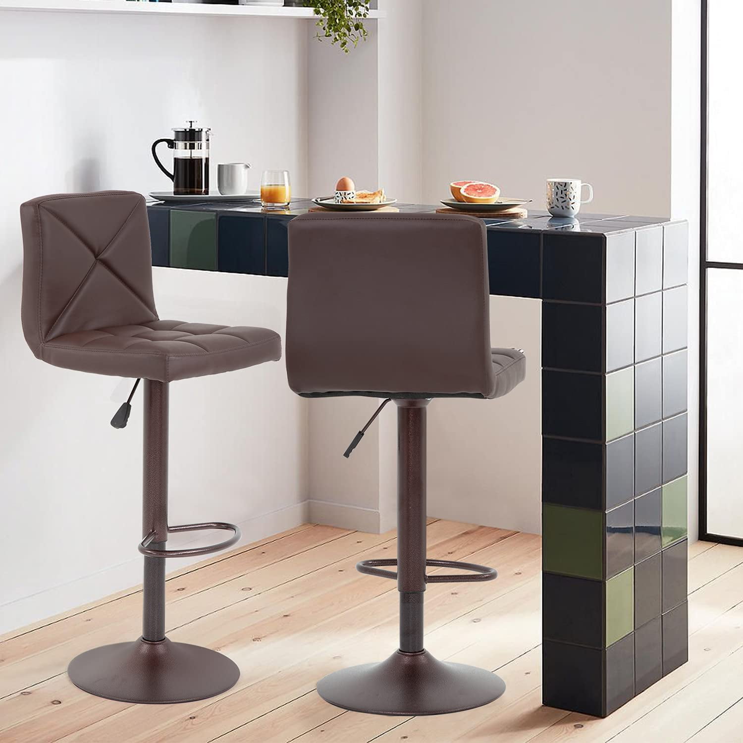 FDW Bar Stools Set of 2 Counter Height Swivel Stool PU Leather Modern Height Adjustable Swivel Barstools Hydraulic Chair Bar Stools,Brown