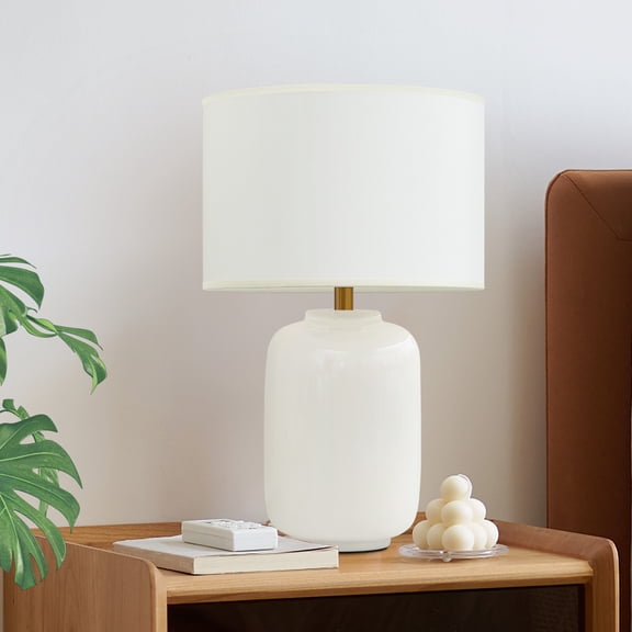 Deyidn White Ceramic Farmhouse Table Lamp with Linen Shade, Accent Lighting for Bedroom and Living Room