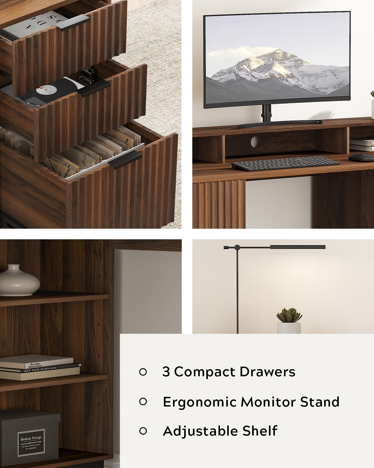 Joyyskill 55'' Fluted Executive Desk with Drawers, Modern Home Office Computer Desk with Charging Station, File Drawer, Monitor Stand, Storage Shelf for Work Writing Study, Brown