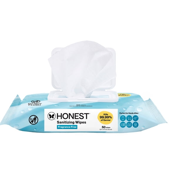 The Honest Company Fragrance Free Sanitizing Alcohol Wipes, Antibacterial with Aloe, Kills 99.99% of Germs, 50 Count