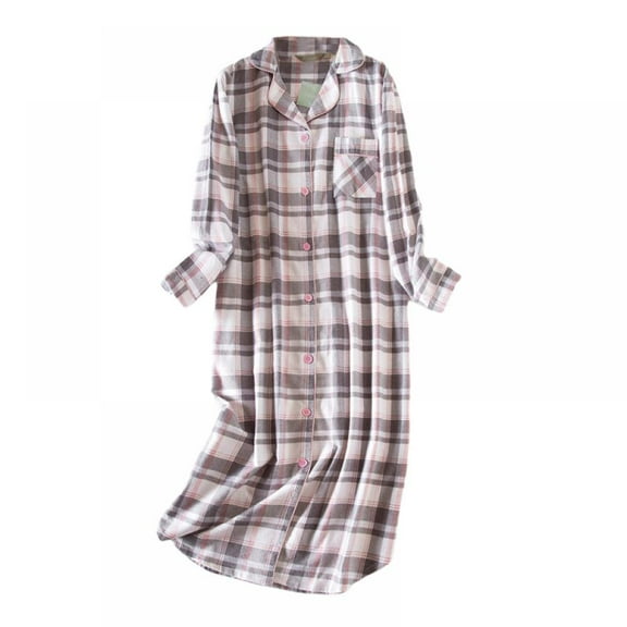 Women's Nightshirt Long Sleeve Button Down Nightgown V-Neck Sleepwear Pajama Dress