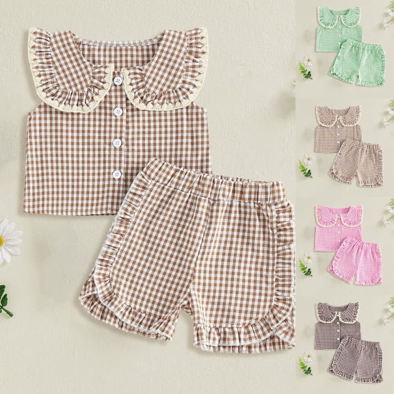 larppty Toddler Baby Girl Outfit Peter Pan Collar Sleeveless Vest Tops Gingham Print Elastic Waist Shorts Set Summer Clothes(Pink, 6-12 Months)