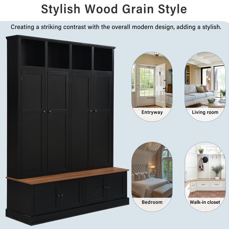 Farmhouse Hall Tree with Open Compartments, 4-in-1 Entryway Bench with Storage Cabinets, Modern Coat Rack with 4 Hooks for Hallway Entryway