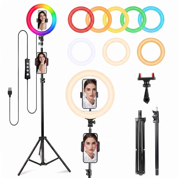 ZOMEI 10 Inch RGB Ring Light with Adjustable 63" Tablet Stand, Dimmable LED Circle Fill Light Kit for TikTok Live Streaming Makeup YouTube Video Recording Photography Content Creation