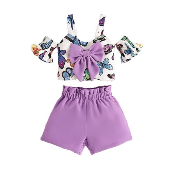 Kids Toddler Baby Girls Summer Butterfly Print Purple Suspender Shorts Outfits Clothes