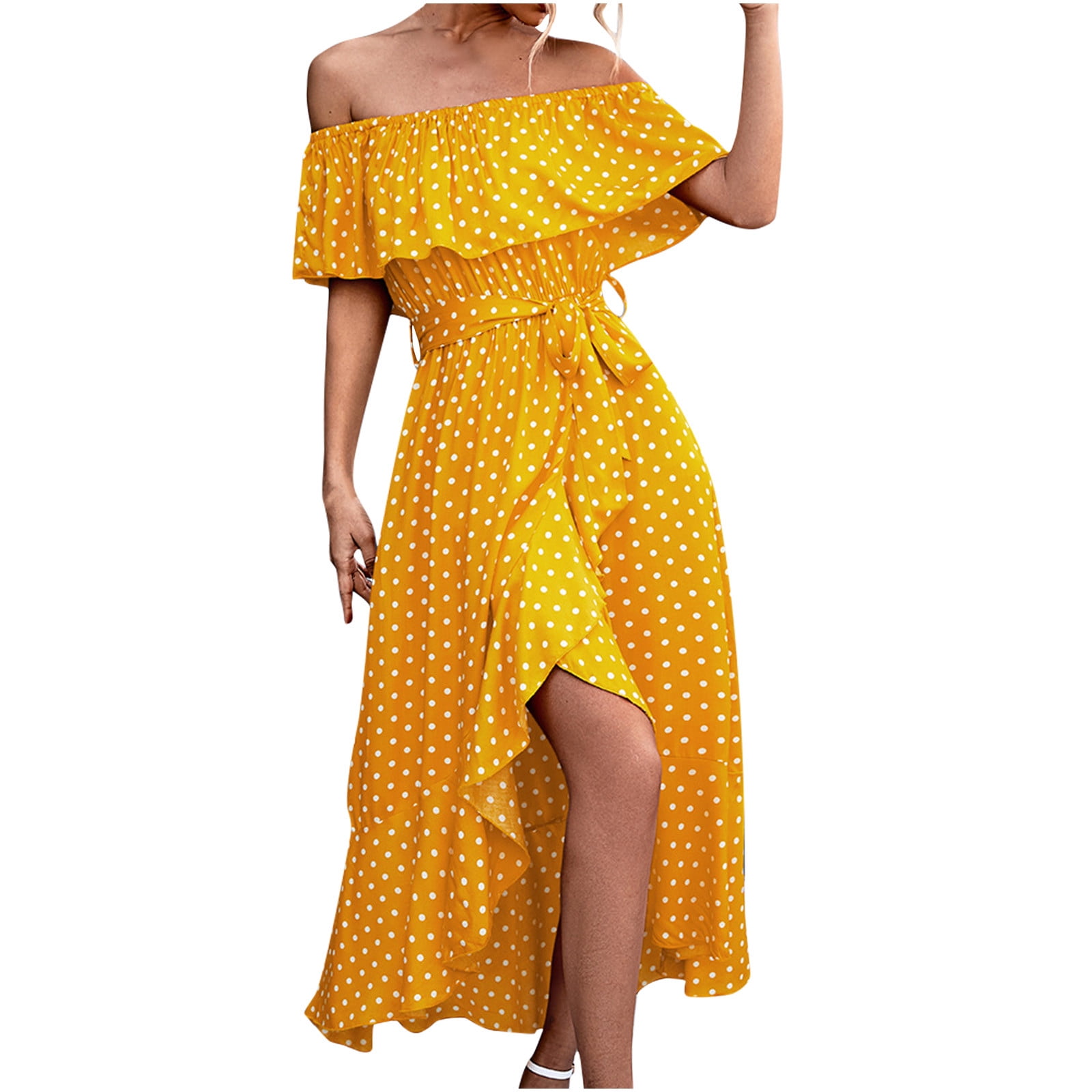 Polka Dot Women Dress Summer Beach Sundress High Low Asymmetrical Swing Hem