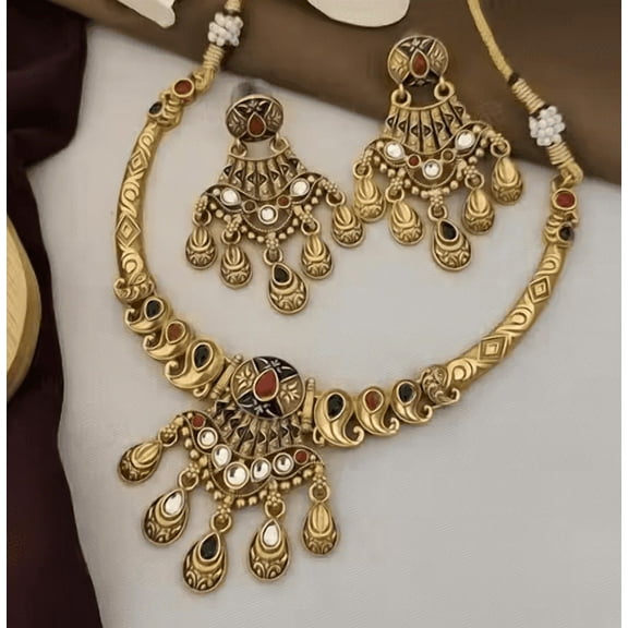 Antique Gold-Plated Kundan Necklace Set with Matching Chandbali Earrings