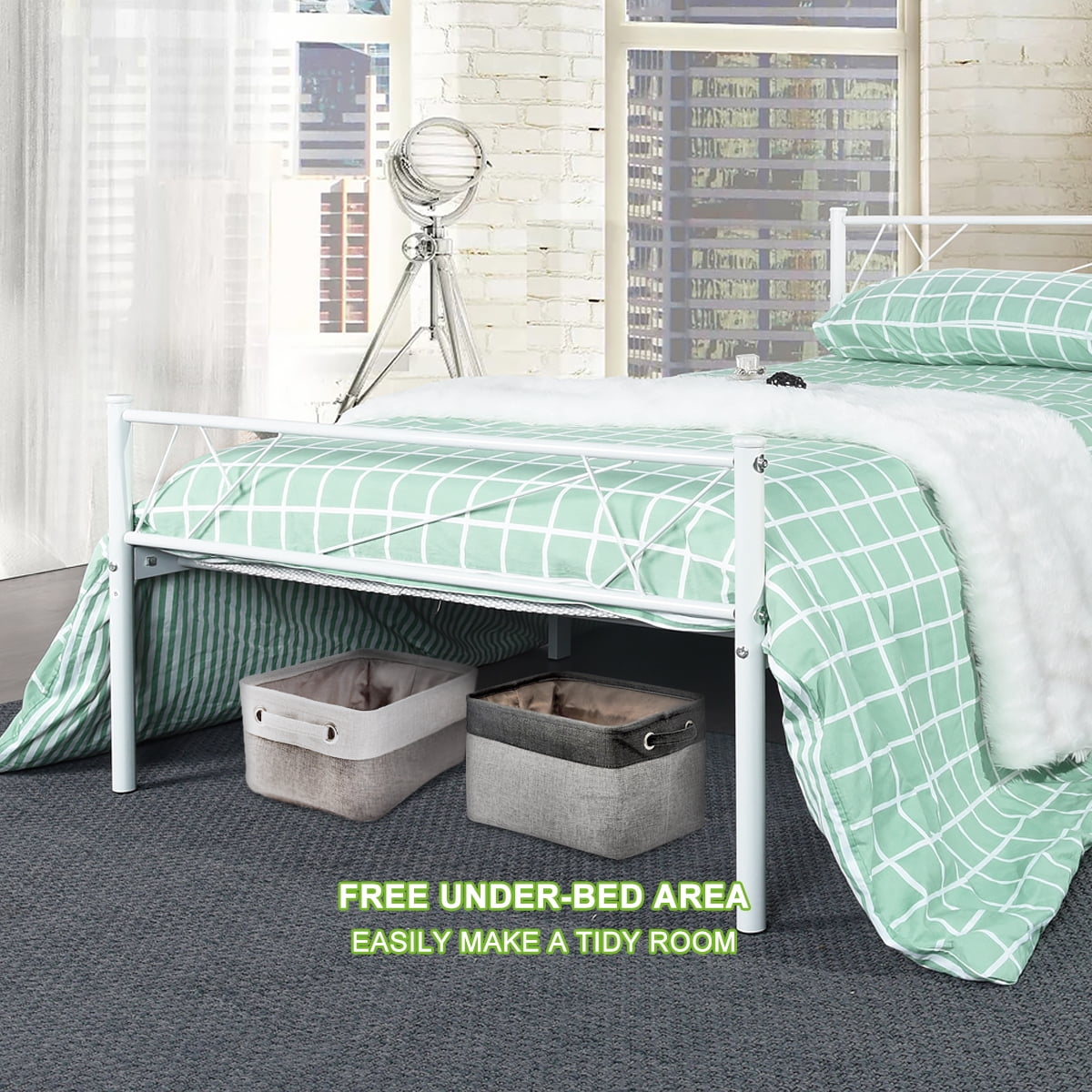 Geniqua Twin Size Bed Frame Steel White Foundation Classic Headboard Footboard Foundation Tool Free No Box Spring Needed