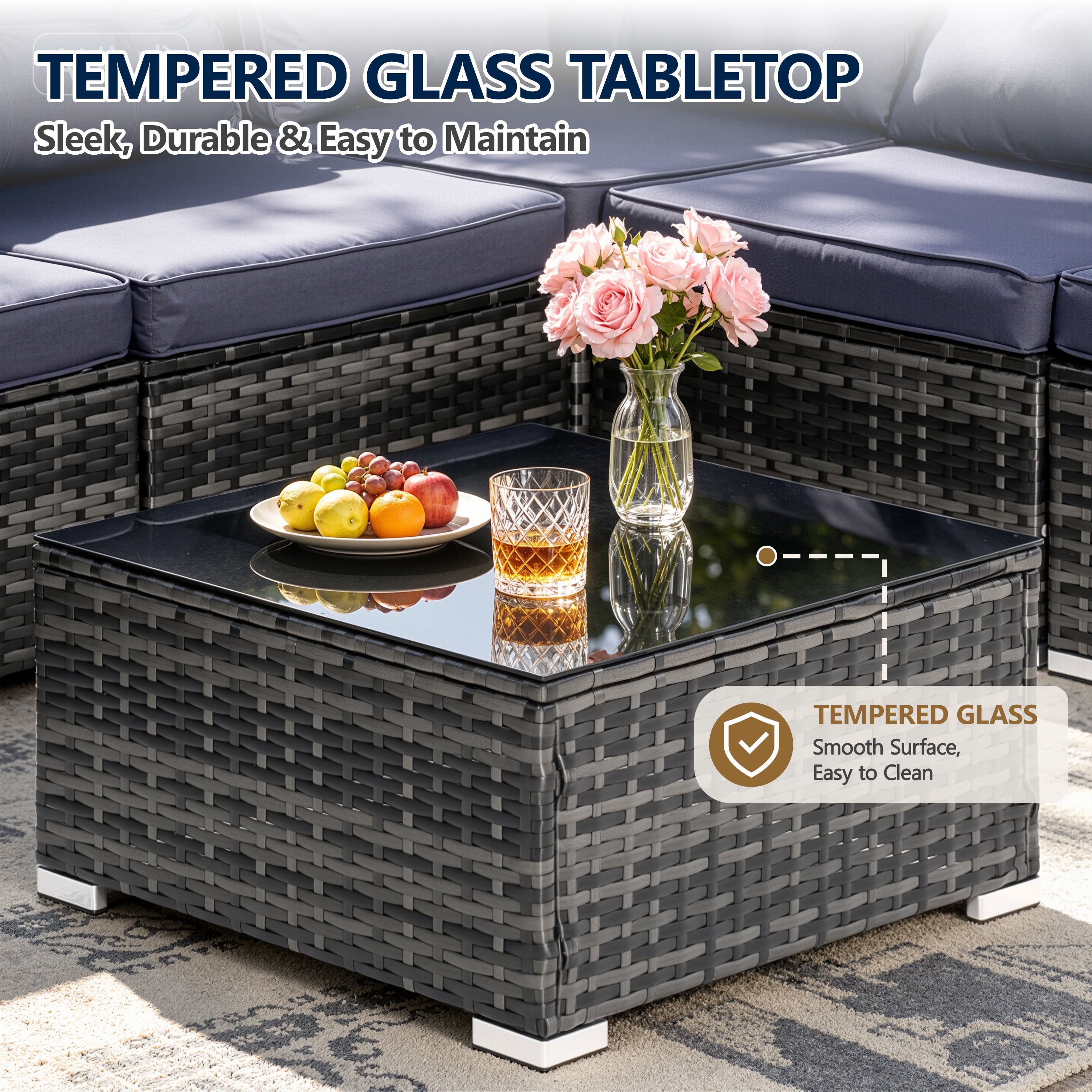 Patio Outdoor Furniture Sets, 7 Pieces All-Weather Rattan Sectional Sofa with Tea Table & Cushions, PE Rattan Wicker Sofa Couch Conversation Set for Garden Backyard Poolside