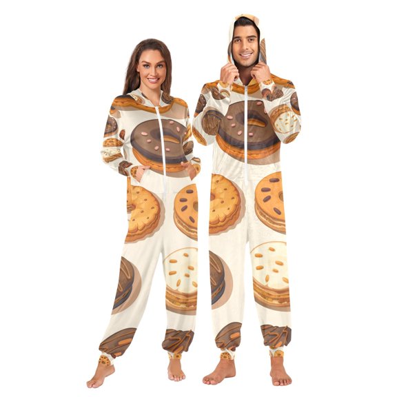 Biscuits Donuts Adult Onesie Pajamas Slim Fit Christmas One Piece Suit Pjs for Women and Men Hooded Zipper