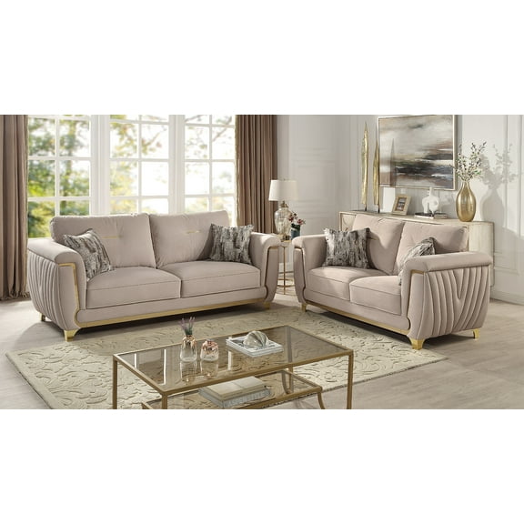 Leena Contemporary Style 2PC Livingroom Set Made with Wood in Beige