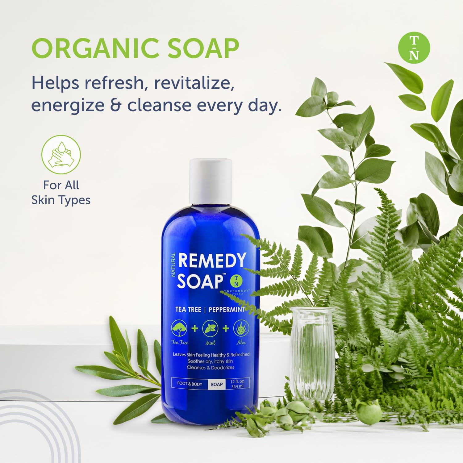 Truremedy Naturals Remedy Tea Tree Oil Body Wash - 12 oz Refreshing Cleanser for Skin and Scalp with Tea Tree, Peppermint, and Aloe - Invigorating Soap Body Wash