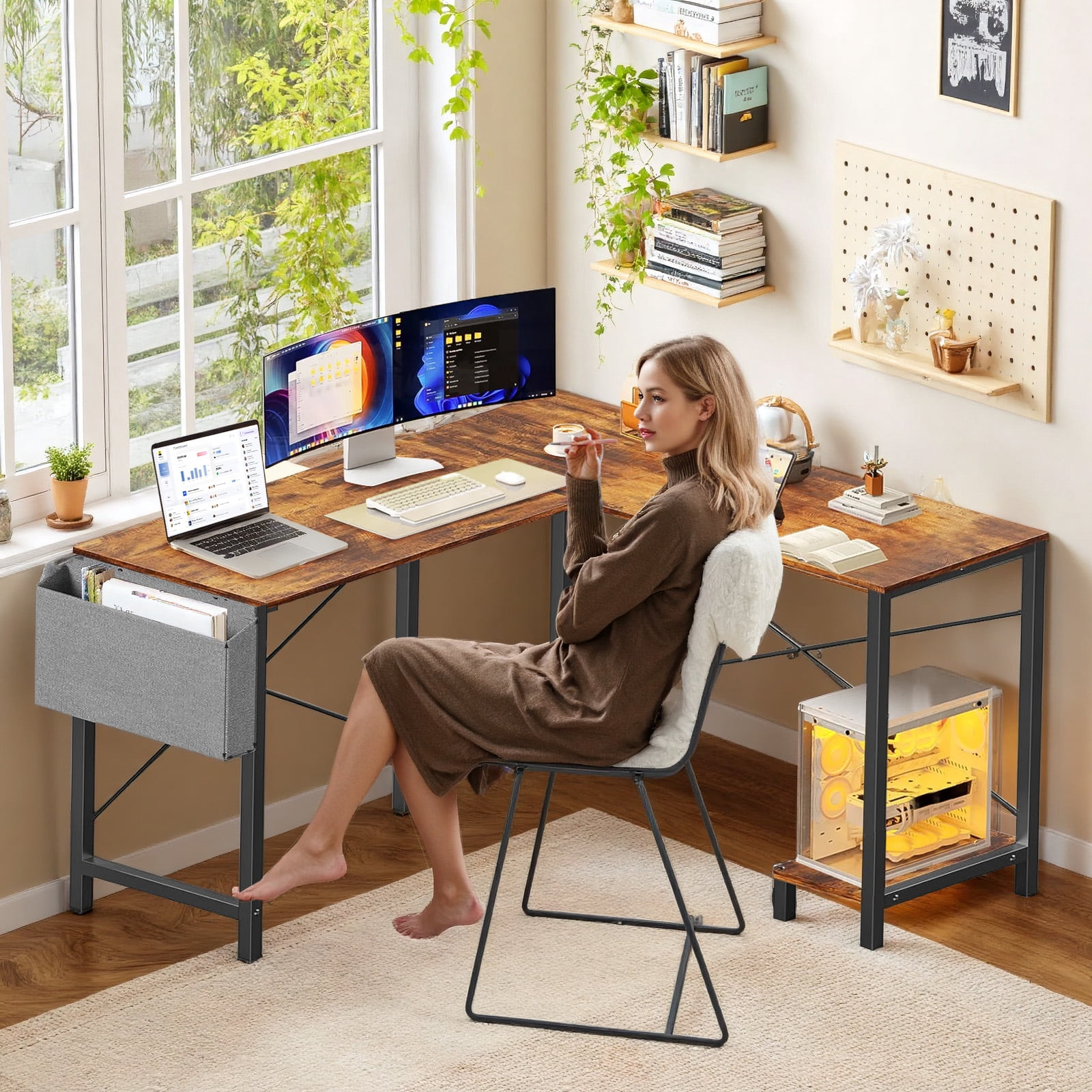 Sybels 50-inch L-Shaped Gaming Computer Desk with CPU Stand & Side Bag, Corner PC Workstation for Home Office, Small Space Saver,Rust