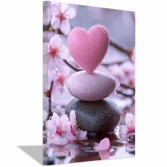 Mudket Pink Heart Zen Stones with Cherry Blossoms Canvas Wall Art, Framed Ready to Hang, Romantic Floral Spa Wall Decor for Living Room Bedroom Bathroom Office, Calming Nature Print - 12"L x 8"W