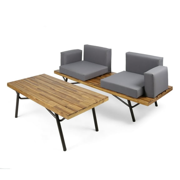 Kaison Outdoor Acacia Wood Chat Set, Teak Finish and Dark Gray