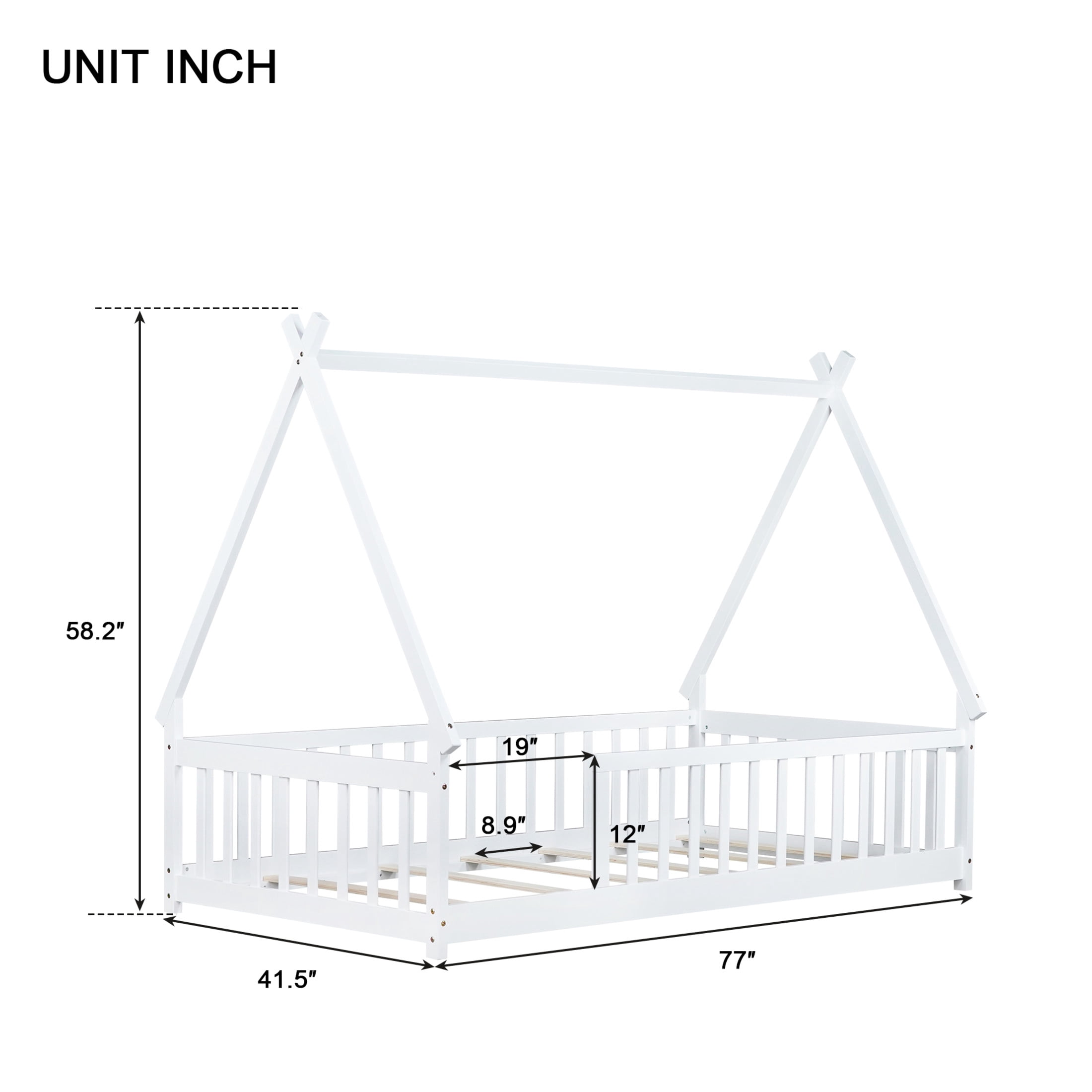 Noble House Misty Twin Teepee Floor Bed with Safety Fence, Solid Rubber Wood Tent Bed, Kid's Room, White