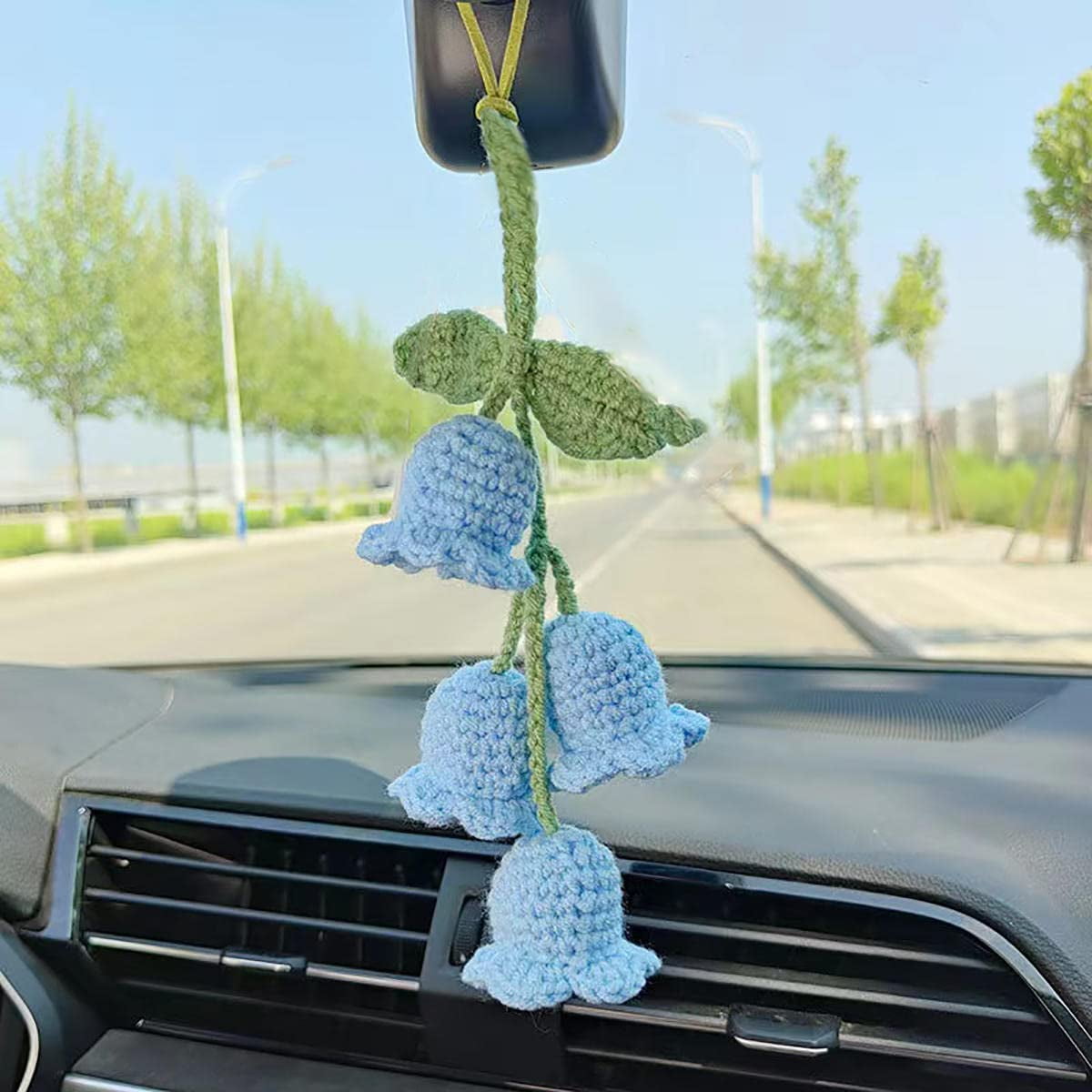 ASYTTY Cute Crochet Car Hanging Ornament for Car Rearview Mirror Decor,  Handmade Knitted Flora Flower Car Mirror Hanging Accessories(Blue)