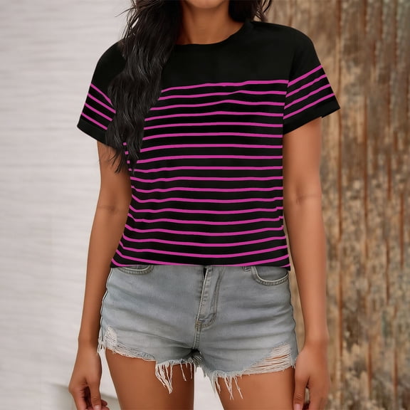 Vmvidoty Women's Summer Tops Dressy Casual Short Crew Neck Striped Shirts Hot Pink XL