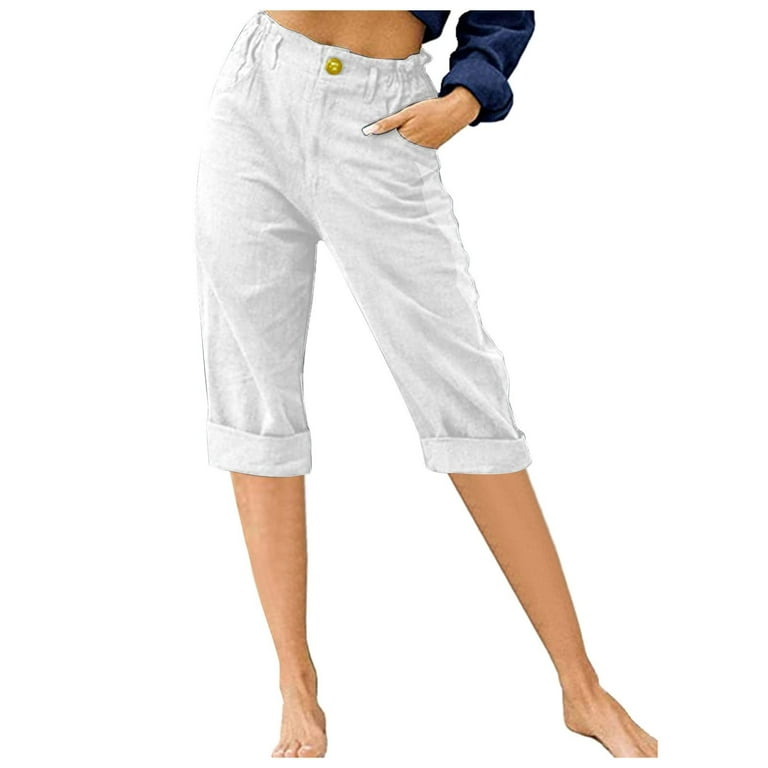 QUYUON Women's Capris Pants Casual Summer High Waisted Capris with Belt  Loops Ladies Capris with Pockets Loose Straight Leg Cropped Pants  Lightweight
