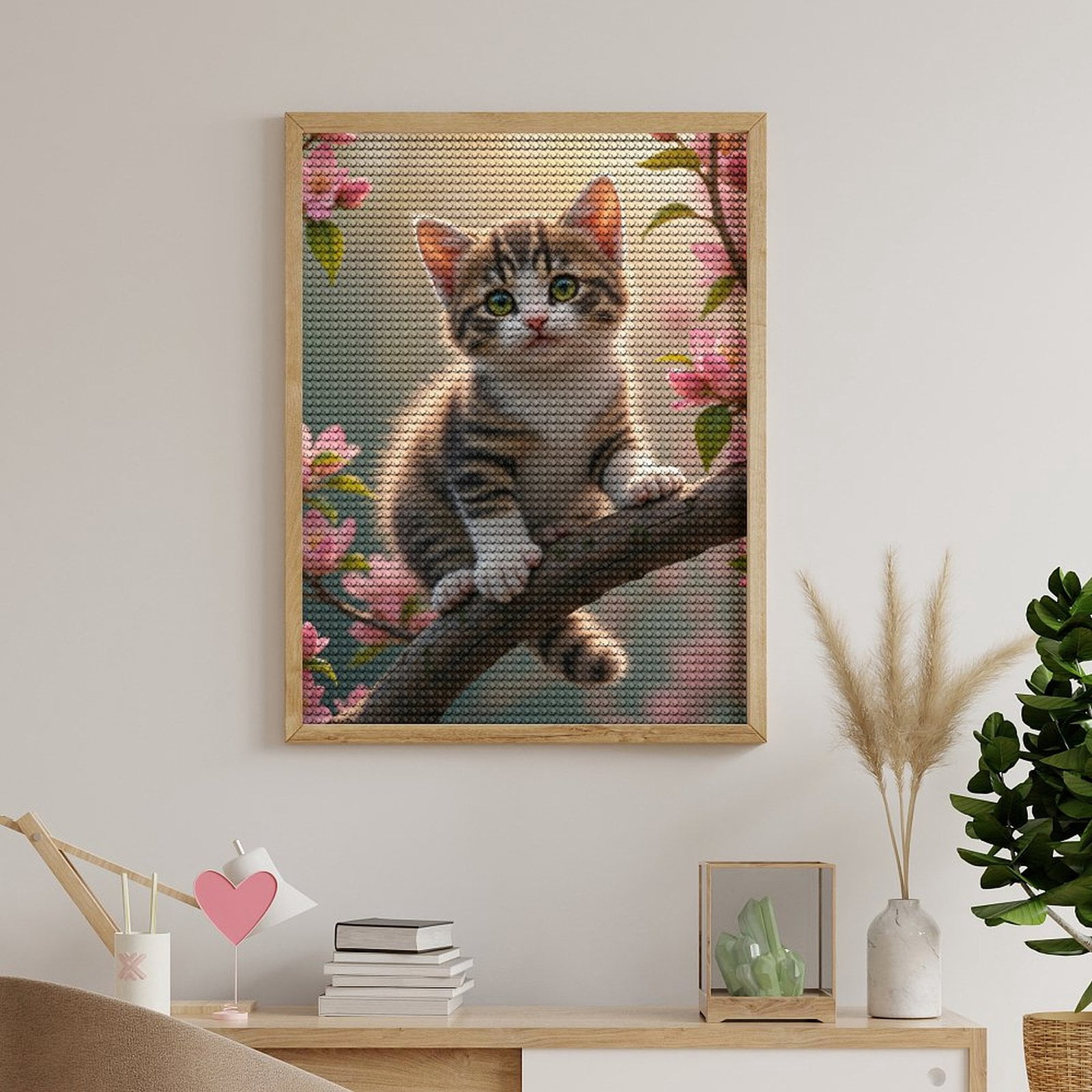 Diamond Art Kits for Adults, Cute Kitten Blossom Branch Springtime 5D Diamond Painting Kits for Adults Beginners, DIY Full Drill Diamond Painting, Gem Art and Crafts 12x16