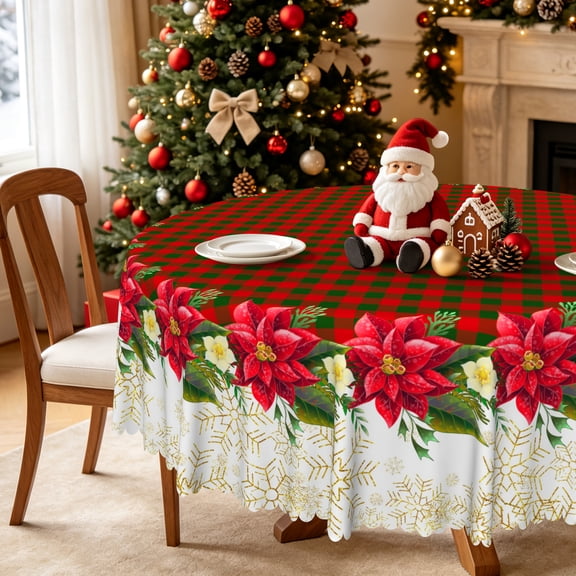 Nanqianyi Christmas Poinsettia Plaid Round Tablecloth,60 Inch,Washable Table Cover For Family Party Dinning Decor
