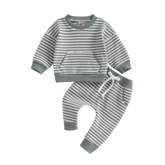 Bagilaanoe 2PCS Toddler Baby Boy Long Pants Set Striped Long Sleeve Sweatshirt Pullover Tops Drawstring Sweatpants 6M 12M 18M 24M 3T Kids Casual Sweatsuits