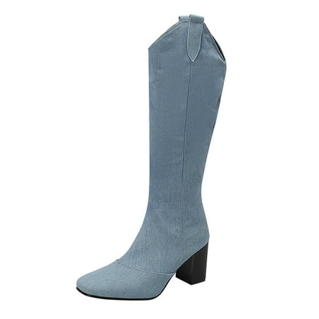 

SZXZYGS Boots for Women Ladies Cowboy Simple Fashion Vintage Boots Pointed Toe Low Heel Side Zipper Knee Boots