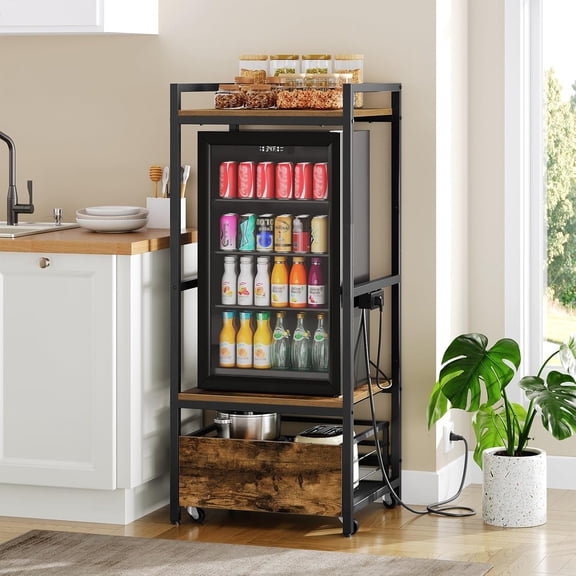 Fridge Stand with Movable Drawer, Microwave Stand with Power Outlet, Adjustable Shelves Kitchen Bakers Rack for Dorm Dining Room Home Rustic Brown