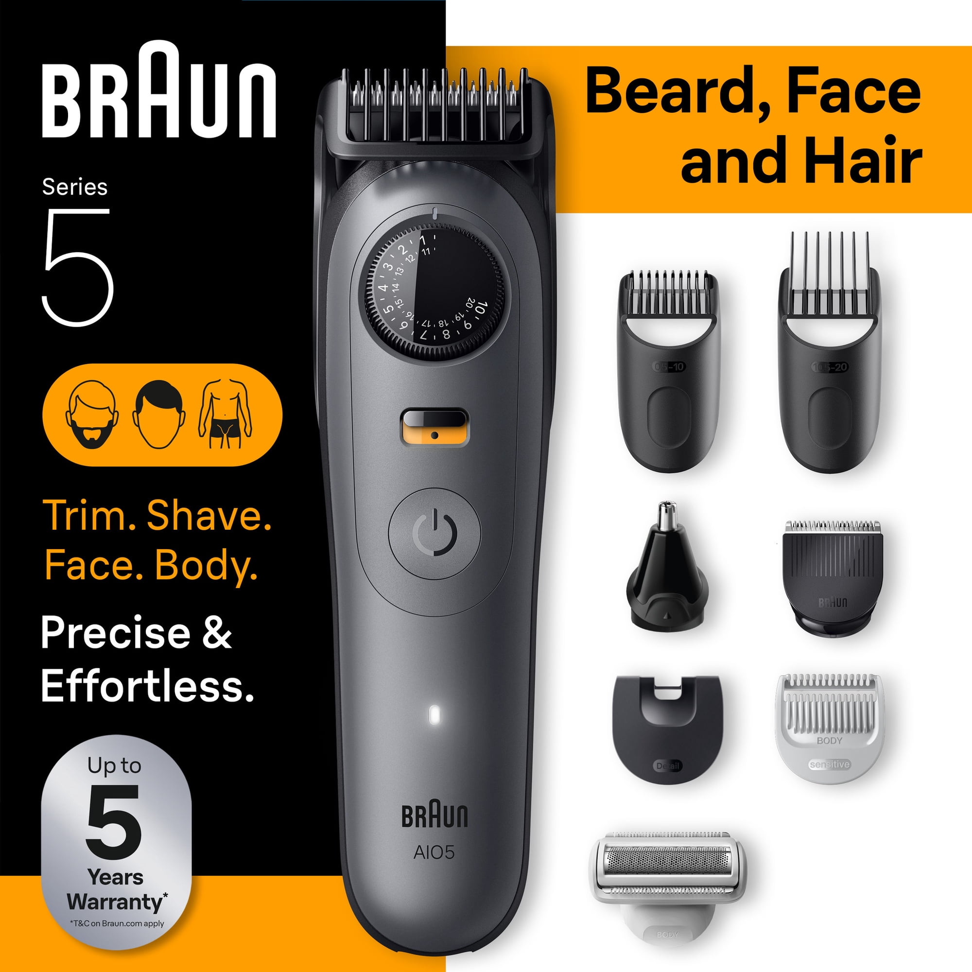 Braun All-in-One Series 5 Trimmer Kit, 40 Lengths, Ultra Sharp Blade, AIO 5510, Moonstone Grey
