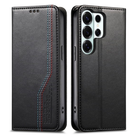 For Samsung Galaxy S26 Edge Phone Case,Three-color Thread Design,Anti-Scratch PU Leather Flip Folding Kickstand,With Card Slots,Folio Magnetic Closure,Shockproof Drop protection Phone Case,Black