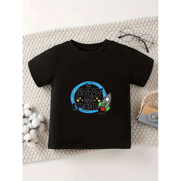 Camiseta negra para niña con diseño de cohete para 1.er grado en adelante. Tejido suave y elástico. Manga corta y cuello redondo para primavera/verano. Bonito estampado geométrico para niñas. Ropa d