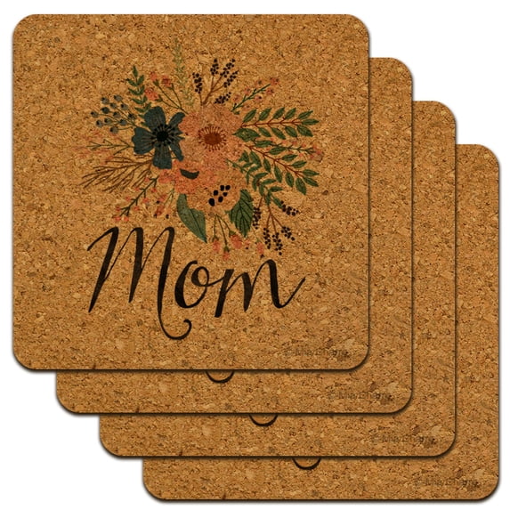 Mom with Flowers Mother's Day Low Profile Novelty Cork Coaster Set