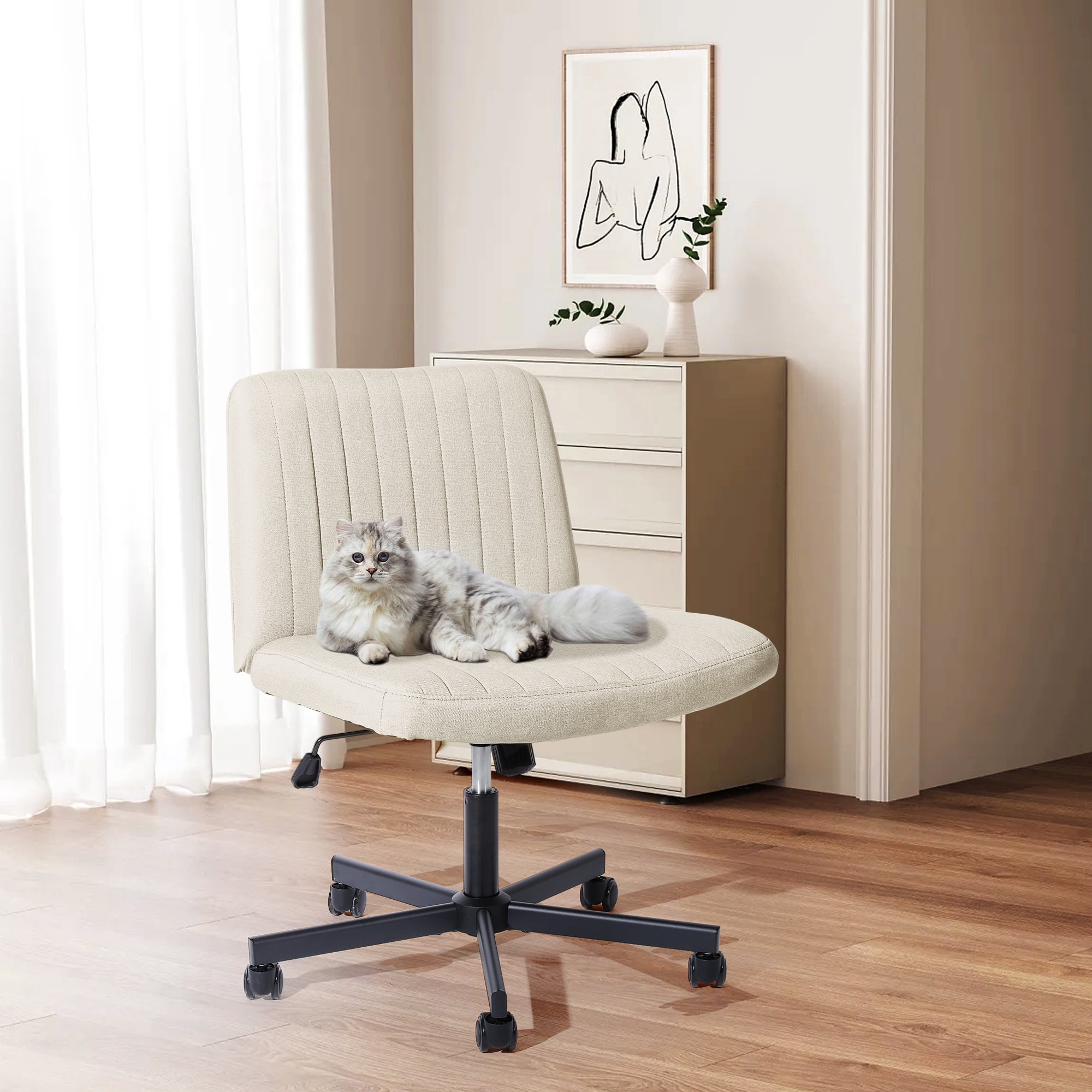 TUAREX Criss Cross Rolling Chair, Wide Seat Armless Office Chair with Wheels, Plus Size Comfort for Desk, Vanity or Bedroom, Beige
