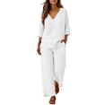 thumbnail image 2 of Ynynloco Cotton Linen Two Piece Sets for Women Summer Fall Outfits Lounge Sets V Neck Tops Wide Leg Pants Woman Vacation Travel Outfits, 2 of 5