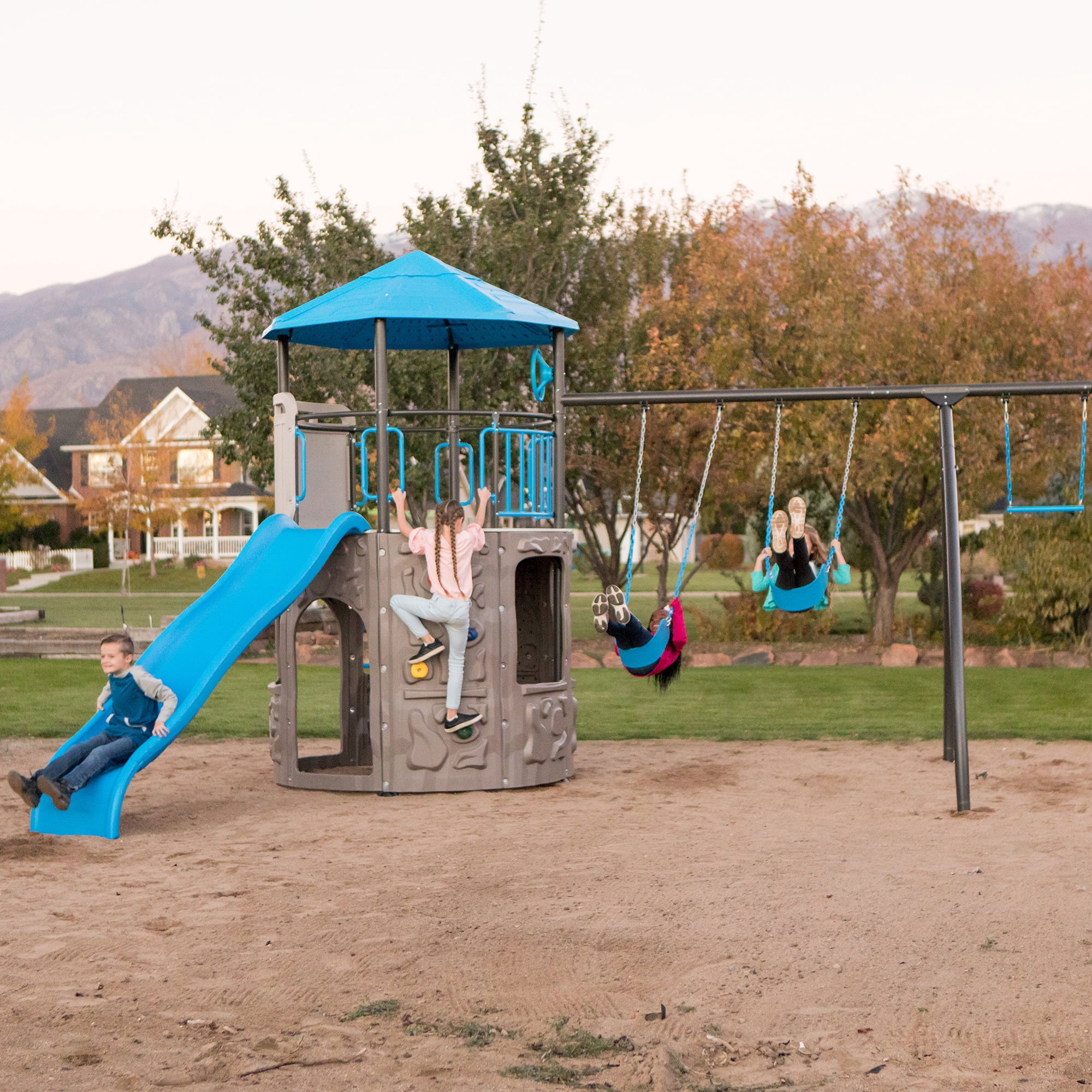 Lifetime Kid's Adventure Tower Swing Set with Slide, Belt Swings and Climbing Wall - Blue(91208)