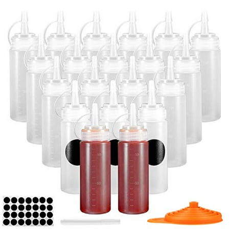 

20 Pack Plastic Squeeze Bottles OAMCEG 4 OZ Condiment Squeeze Squirt Bottles with Discrete Measurements for Ketchup BBQ Sauces - Includes Funnel Erasable Marker and 28 Labels