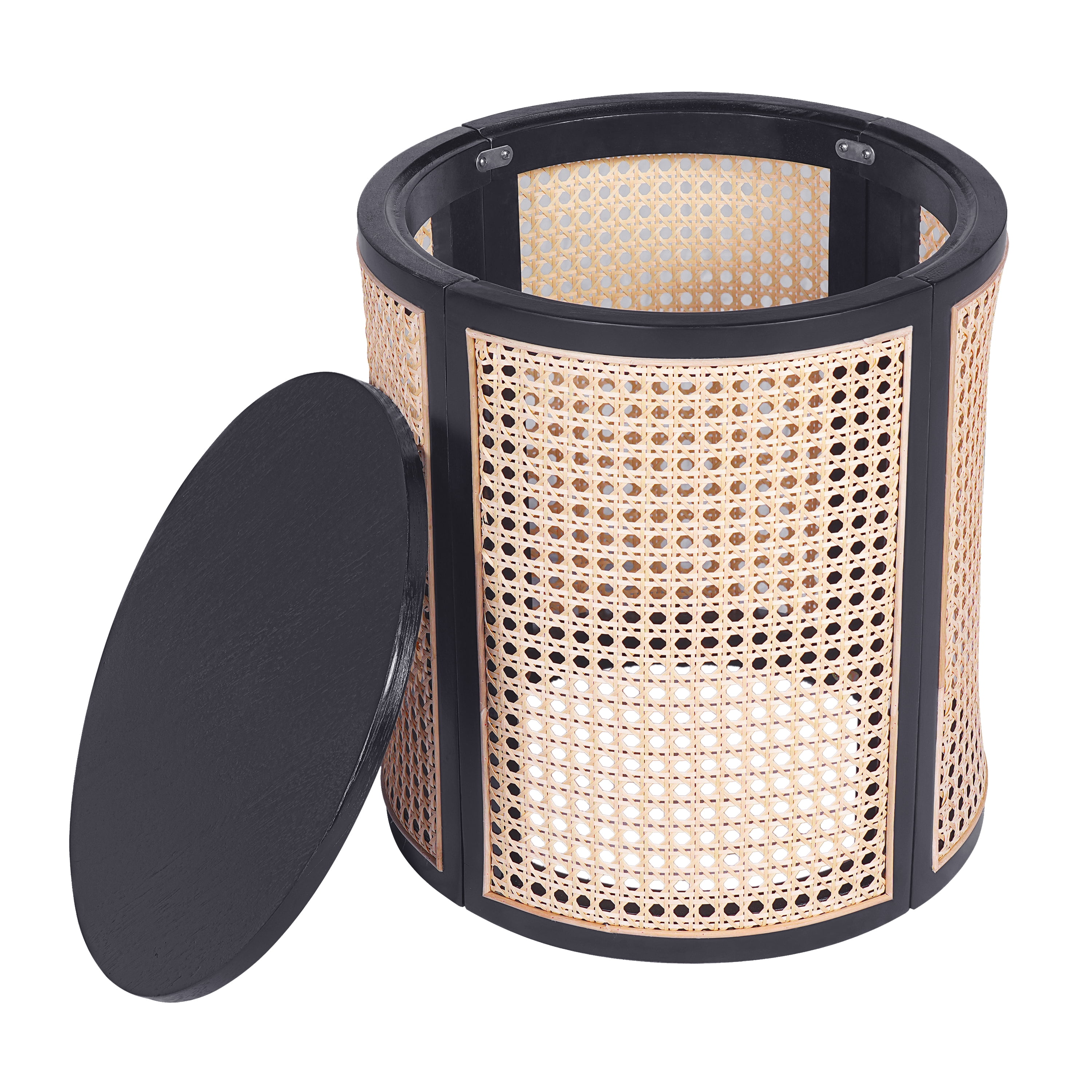 GARITIN Round End Table 15.7 Inch, Woven Rattan Style Side Table with Rubber Wood Frame for Living Room Bedroom, Black