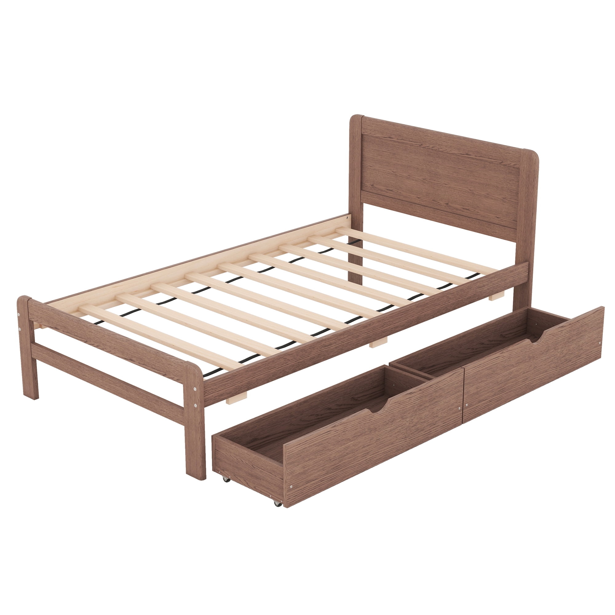 Aukfa Platform Bed with 2 Storage Drawers, Twin Bed Frame with Headboard for Kids, Wood - Walnut