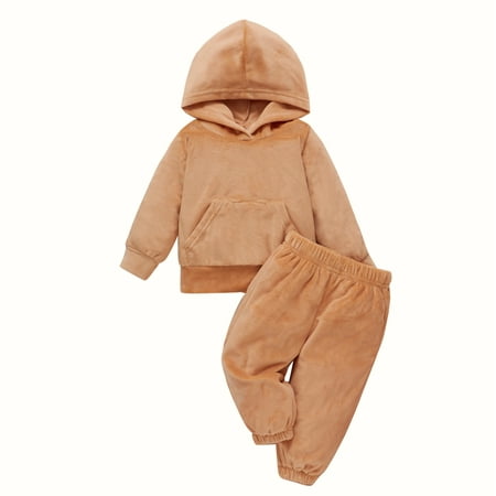 

HESHENG Autumn Baby Girls Boys Clothes Sets Solid Pleuche Long Sleeve Hooded Pocket Tops + Long Pants Outfits Khaki 18-24 Months