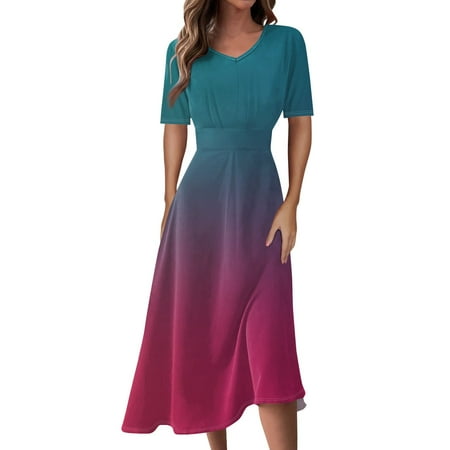 Jzuxvd Women s Spring Dresses Short Sleeve V Neck High Waist Chiffon Dress Summer Swing Maxi Dresses Hot Pink XL