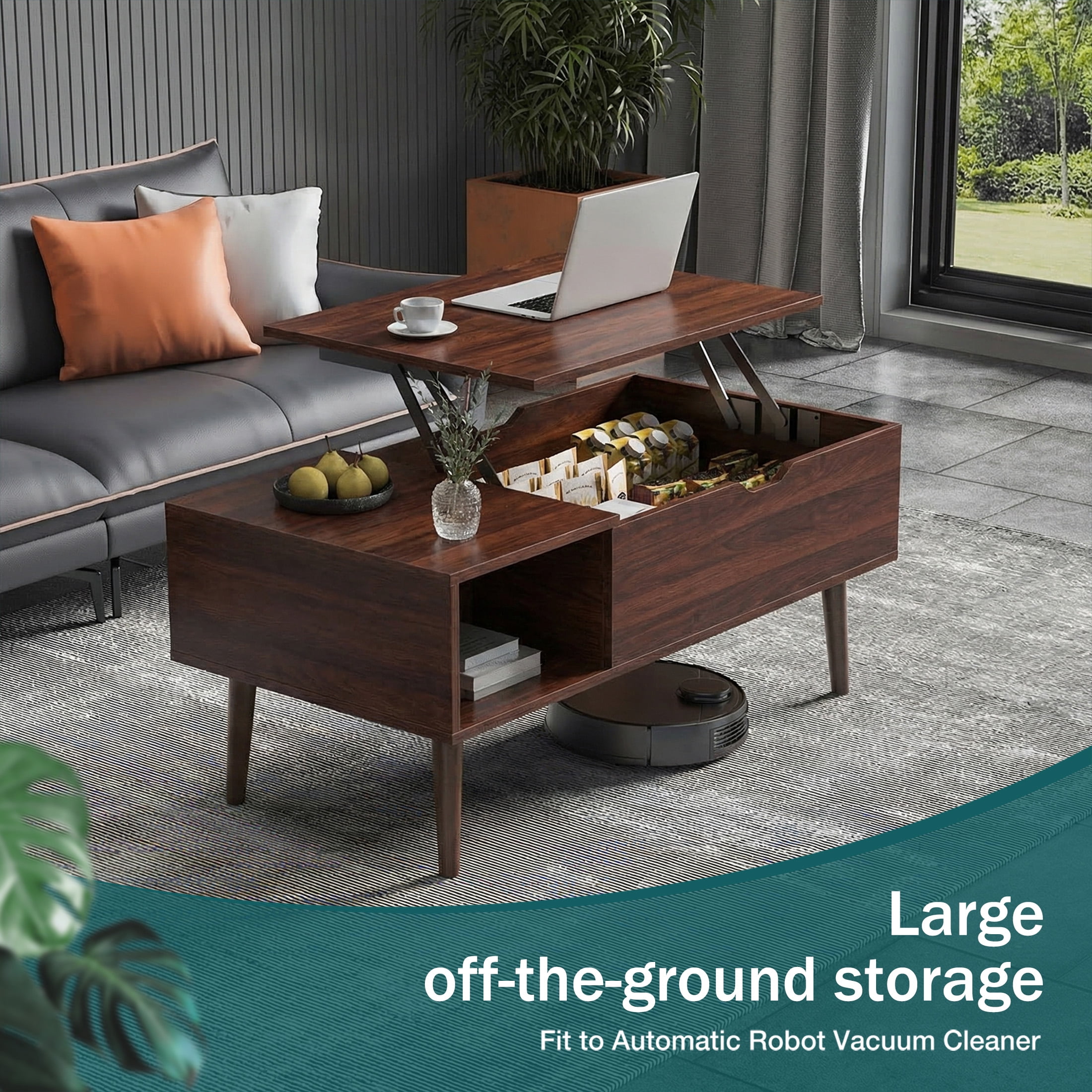 edx Wooden Lift Top Coffee Table with Hidden Compartments and Adjustable Shelves - Ideal for Small Homes, Apartments, Reception Rooms, Dark Brown
