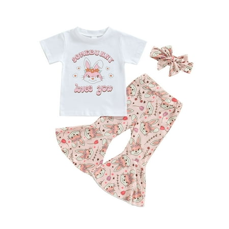 

Musuos Baby Girl Easter Outfit Bunny Short Sleeve T-Shirt Tops Flared Bell Bottom Pants