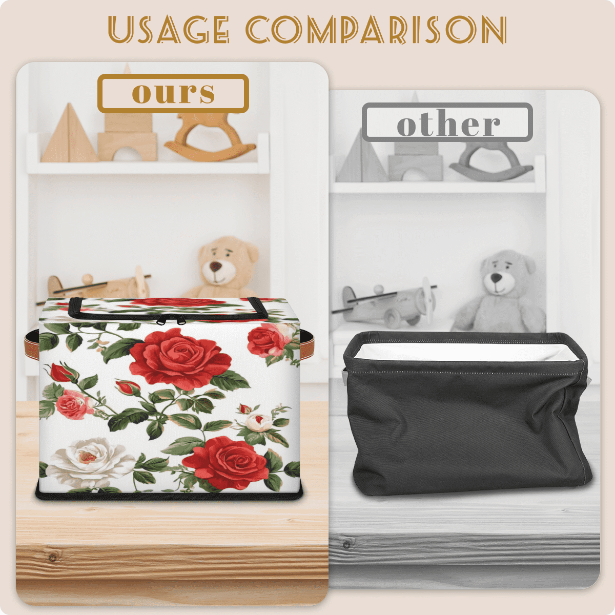 ADECORIVY Flowers Fabric Storage Bin with Lid, Decorative Closet Shelf Organizers, White Red Roses Foldable Basket Box Clothes Storage Bin with Handles