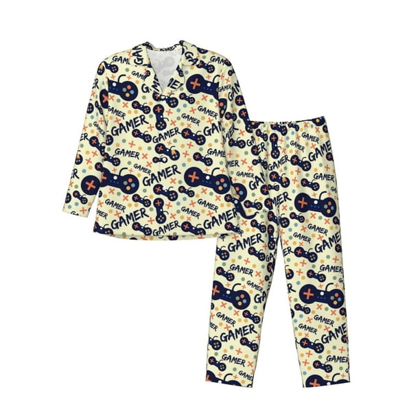 Fotbe Game Controller Pijama de Hombre con Estampado de Manga Larga, Conjunto de 2 Piezas, Ropa de Dormir Suave y Cómoda con Bolsillos-Small