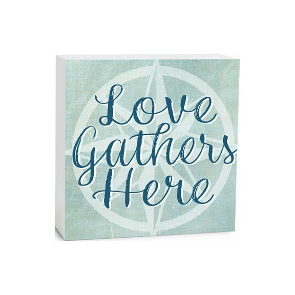 Love Gathers Here Mint Geometric 5 x 5 Wood Tabletop Sign Plaque