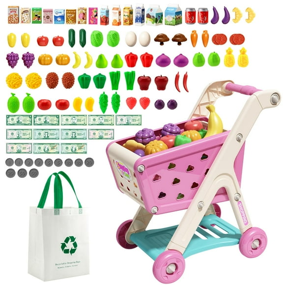 Jovow Ensemble de 102 Chariots de Courses pour Enfants avec Nourriture Factice et Accessoires, Parfait pour les 3 Ans et Plus, Jeux de Rôle et de Simulation (Rose)