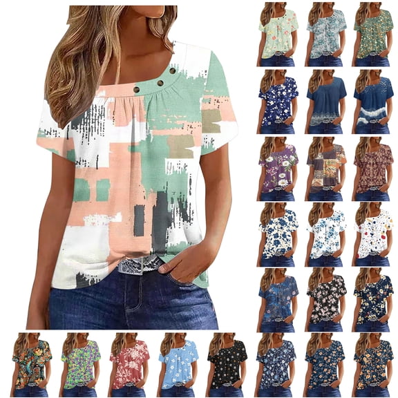 NSLGXD Womens T-shrits Trendy Round Neck Short Sleeve Tops Cute Graphic Tees Flowy Athletic T Shirts S-3XL Khaki Top