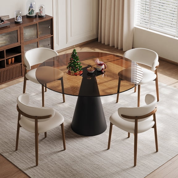 Legendstone 35" Round Glass Dining Table Set of 4, Includes 4 Walnut Chairs, Tempered Glass Top with Sturdy Carbon Steel Legs, Space Saving for Kitchen, Small Dining Room, Apartment, Dark Brown